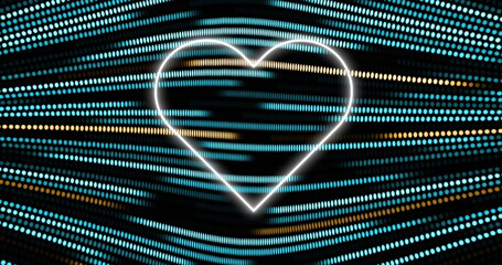 Image of neon heart icon over glowing lgiht trails on black background