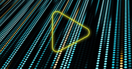 Image of neon play icon over glowing lgiht trails on black background