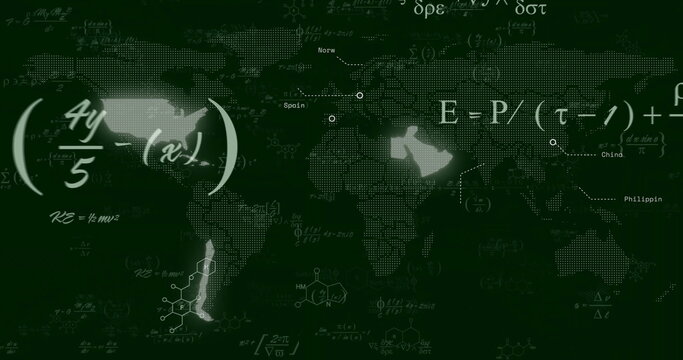 Image of mathematical equations and chemical formula over world map on black background