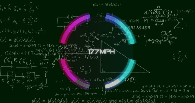 Image of speedometer pver mathematical equations on black background - Powered by Adobe