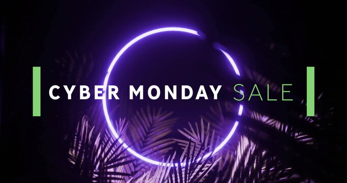Image of cyber monday sale text over glowing leaves neon background - Powered by Adobe