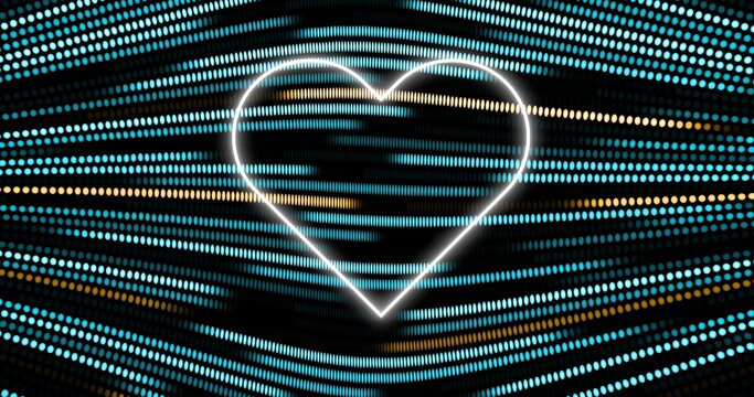 Image of neon heart icon over glowing lgiht trails on black background