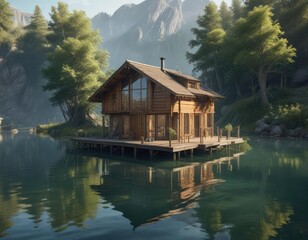 Fototapeta premium A wooden house partially submerged in the lake , wooden, water, submerged
