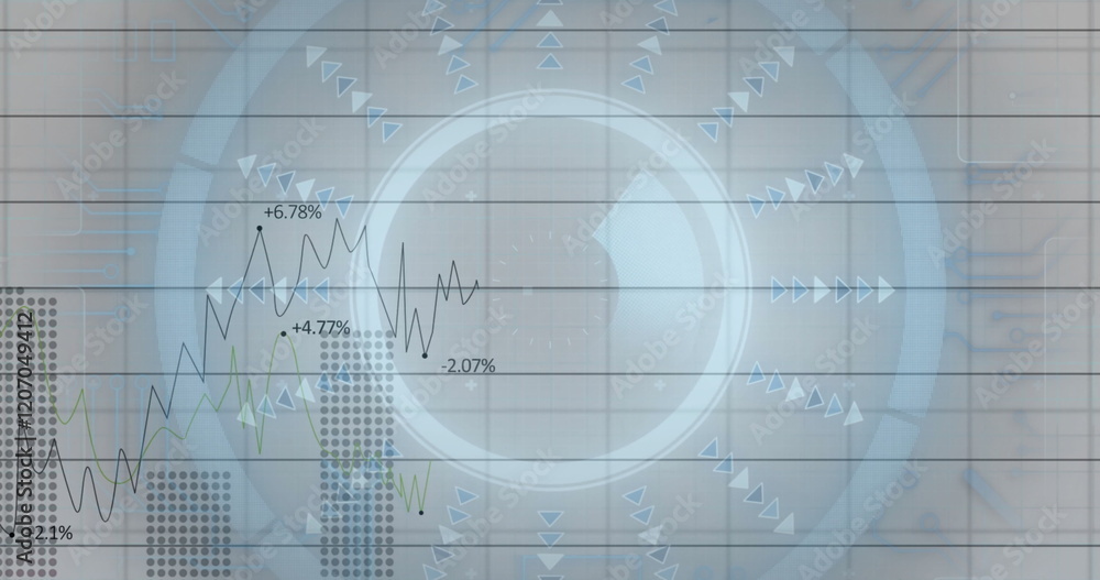 Poster Financial data and analytics image with graphs and arrows over grid background