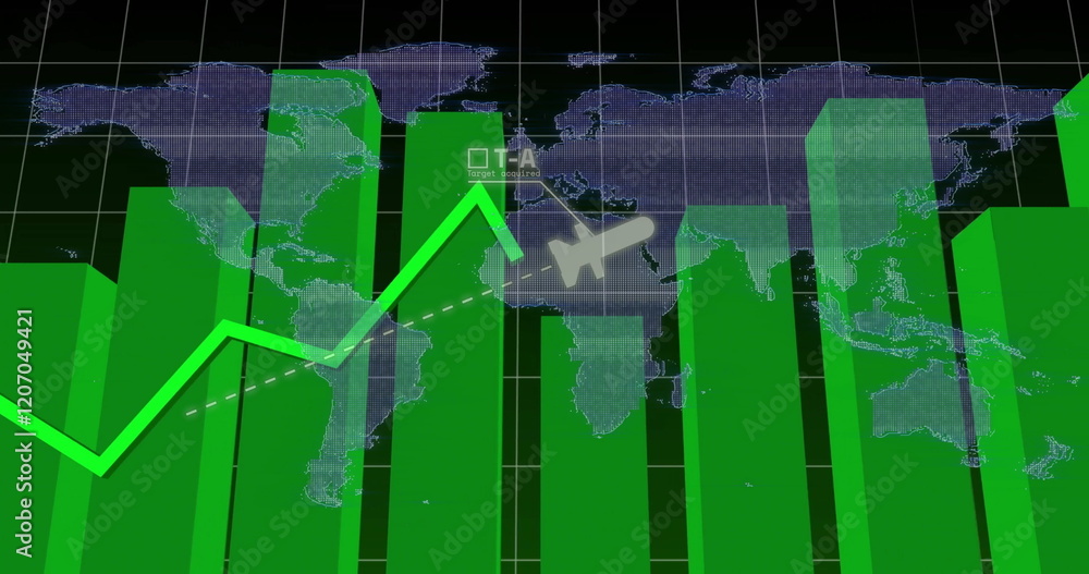 Poster green bar and line graph image over world map with grid background