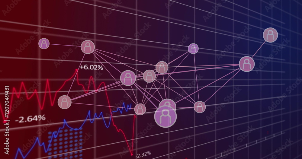 Poster Network of connections and financial data image over graph with red and blue lines