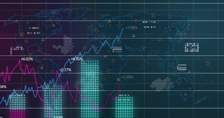 Financial data and global statistics image over world map background