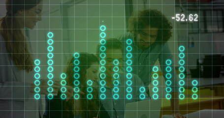 Obraz premium Team collaborating over digital sound equalizer image with numerical display