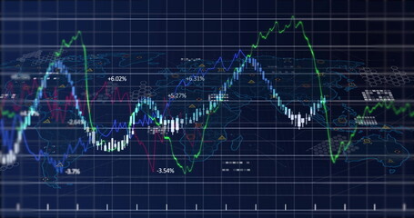 Financial data and stock market trends image over world map