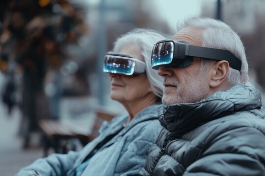 Elderly couple experiencing virtual reality outdoors, enjoying immersive technology.