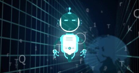 Robot image over digital icons and binary coding background