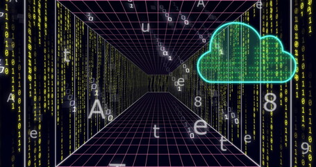 Cloud computing image over digital data stream in futuristic tunnel