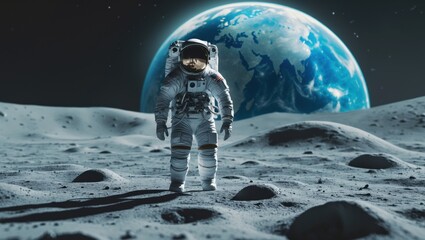 Obraz premium An astronaut stands on the lunar surface with Earth visible in the background, capturing the awe of space exploration and the moon's desolate beauty.