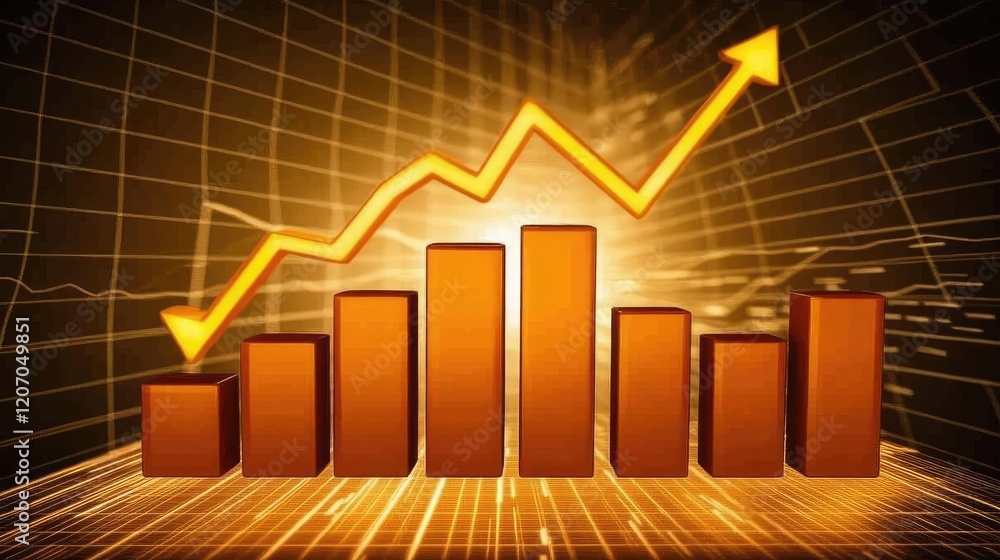 Poster a conceptual image of a glowing bar chart and stock market data points, representing the steady grow