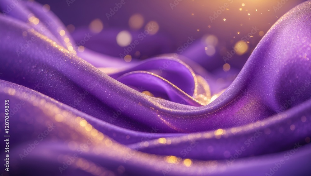 Poster a close-up view of shimmering purple fabric with soft folds and sparkling light, creating an elegant