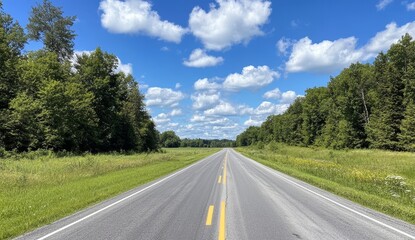 Fototapeta premium Scenic summer highway road through lush green forest and meadows under a bright blue sky with fluffy white clouds.
