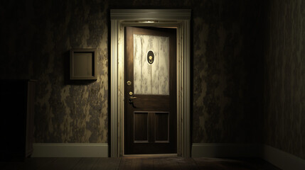 Empty door opened light. Light shining through open door 3D realistic Illustration