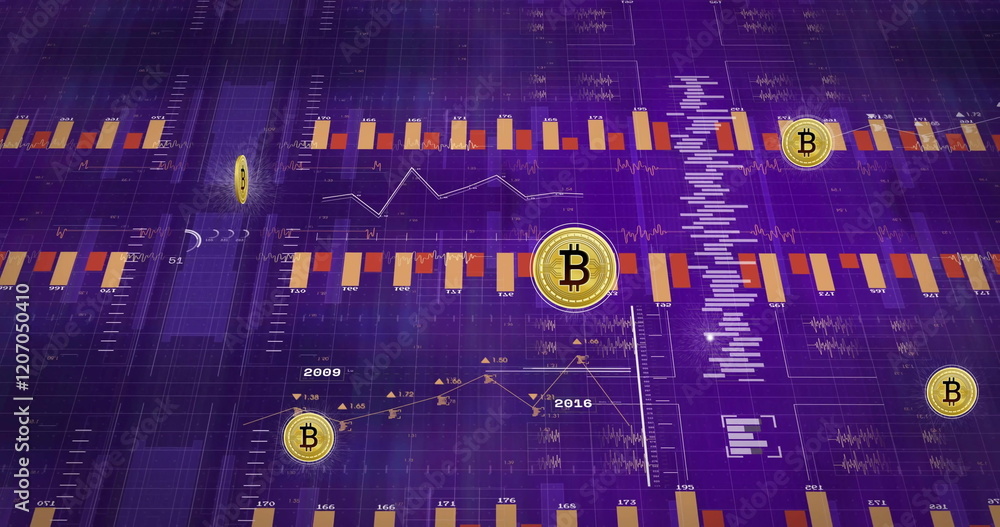 Poster bitcoin price chart and data analysis image over purple background