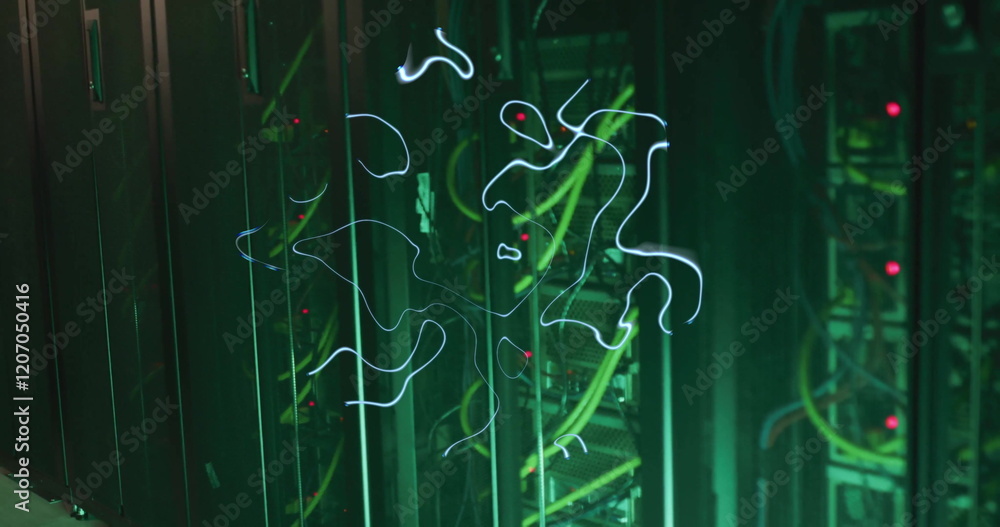 Poster glowing lines image over server racks in data center