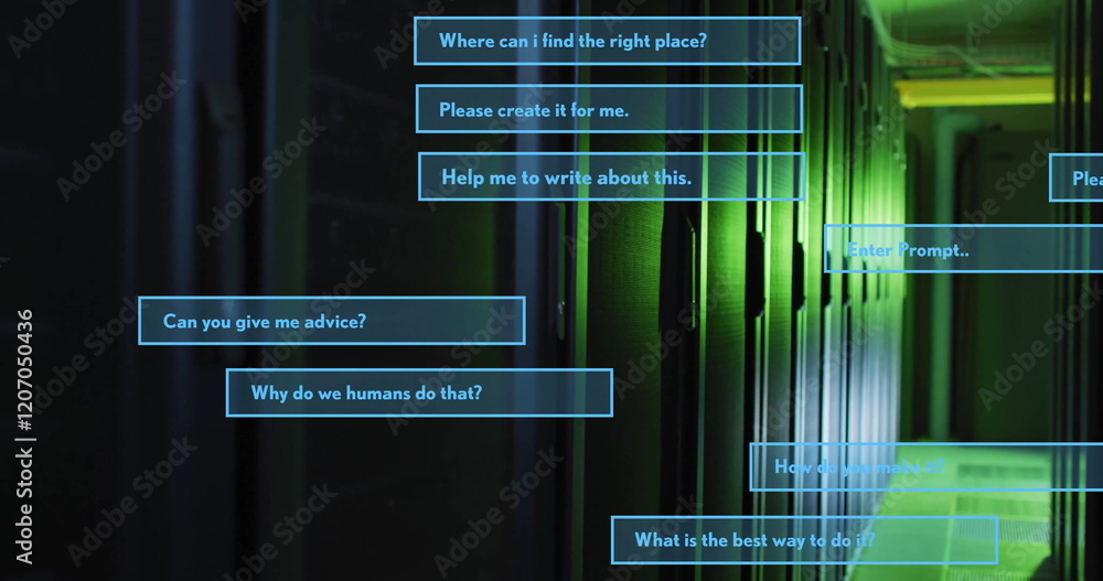 Poster questions and prompts image over green-lit server room background