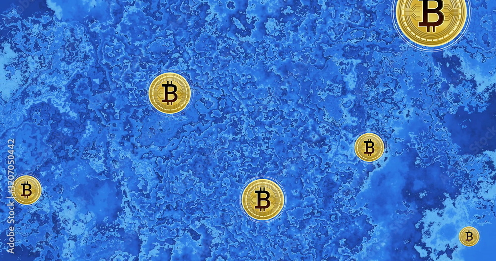 Poster bitcoin coins floating over blue abstract background image
