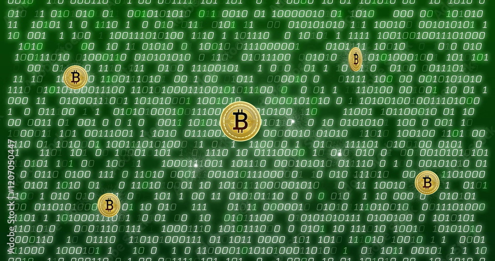 Poster bitcoin symbols over binary code image on green background