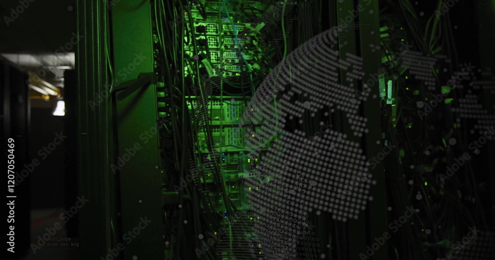 Aufkleber binary code image over green-lit server racks in data center