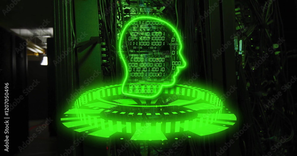Poster binary code and human head hologram image over server room background