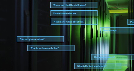 Questions and prompts image over green-lit server room background