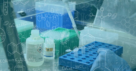 Image of mathematical equations over biracial female scientist working in lab