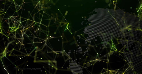 Image of globe with data processing over network of connections on black background