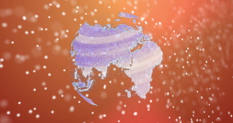 Image of dna strand over globe on orange background