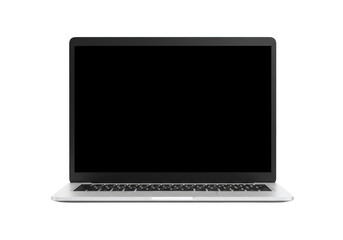 Modern silver laptop with blank black screen isolated on white background