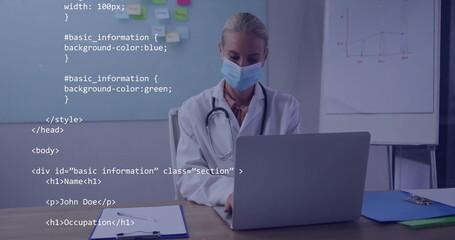Image of data processing over caucasian female doctor using laptop