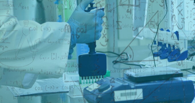 Image of mathematical equations over biracial female scientist working in lab - Powered by Adobe