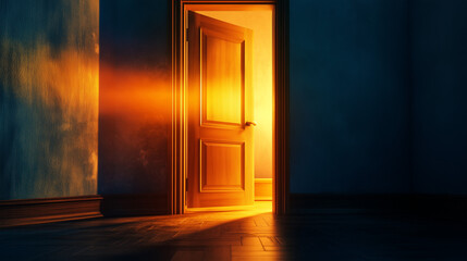 Empty door opened light. Light shining through open door 3D realistic Illustration