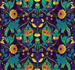 Seamless vintage twisted pattern with flowers and leaves in modern baroque