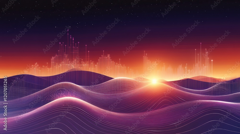 Poster a conceptual image of a glowing line graph and rising financial data, representing the power of inte