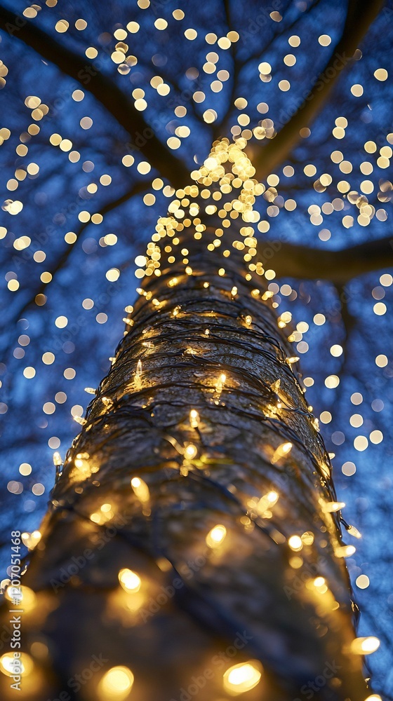 Poster illuminated tree trunk at night with bokeh lights.