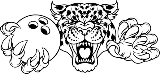 A jaguar, panther, leopard or cheetah wildcat spotted cat bowling sports team mascot holding a ball