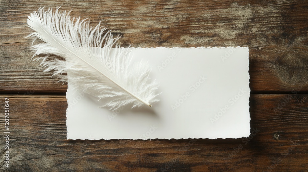 Poster a pristine white sheet of paper with a delicate feather resting on it, placed on a rustic wooden sur