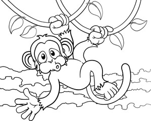 A monkey cartoon character singing on jungle vines and waving