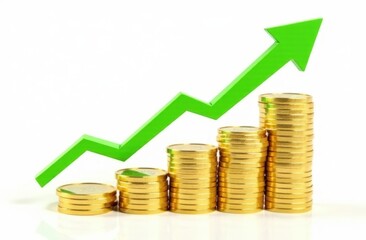 Stacks of gold coins with a green upward arrow, placed on a clean white background for financial success Illustration