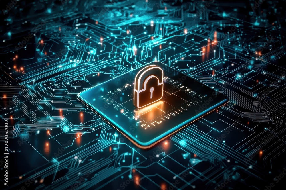 Poster illustrative fusion of locks and circuit patterns highlighting secure technology concepts.