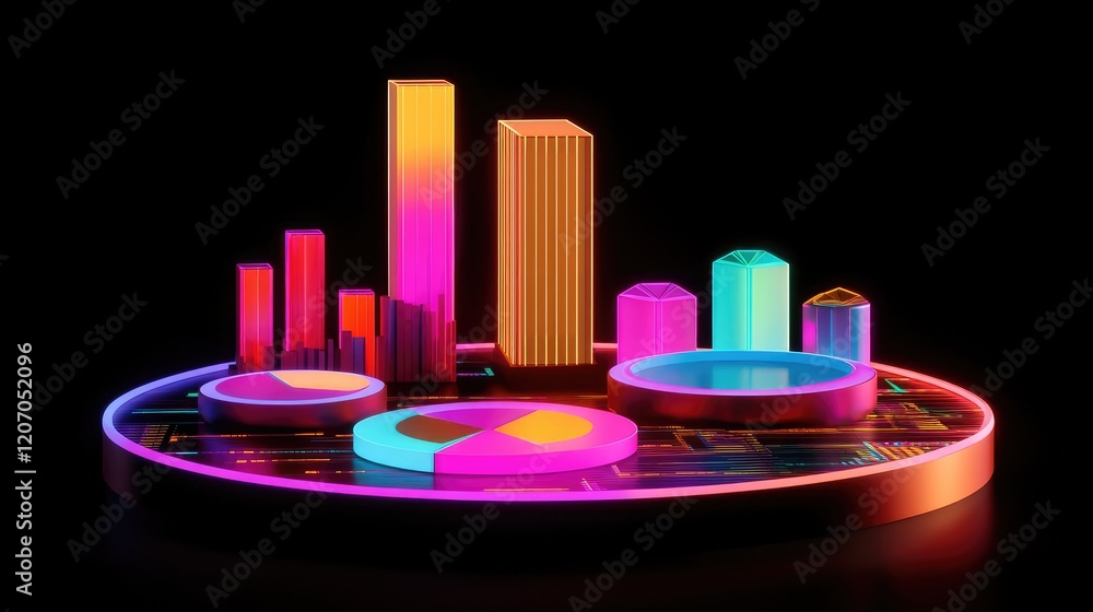 Poster a conceptual image of glowing financial statements with pie charts, bar graphs, and performance indi