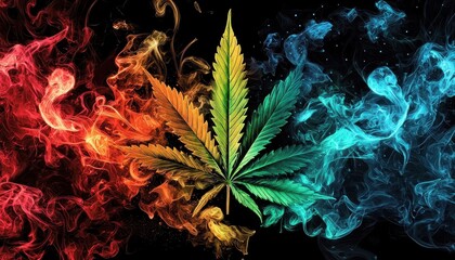A vibrant background featuring colorful smoke intertwined with marijuana leaves.