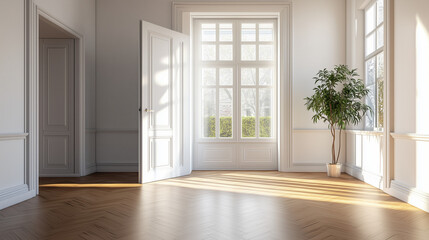 Obraz premium Empty door opened light. Light shining through open door 3D realistic Illustration
