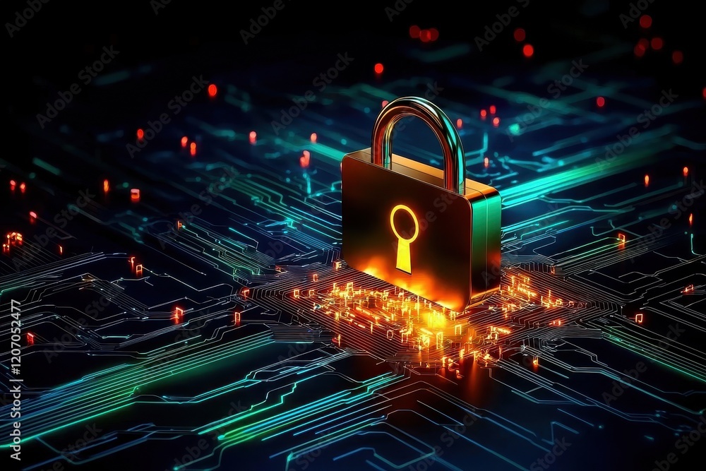 Poster digital security padlock emphasizing cybersecurity measures.