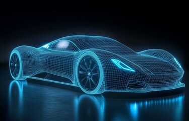 Futuristic sports car wireframe model with blue glowing lines on dark background.