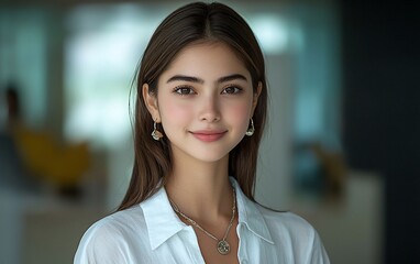 Obraz premium Portrait of a smiling young woman with long brown hair wearing a white shirt and jewelry.